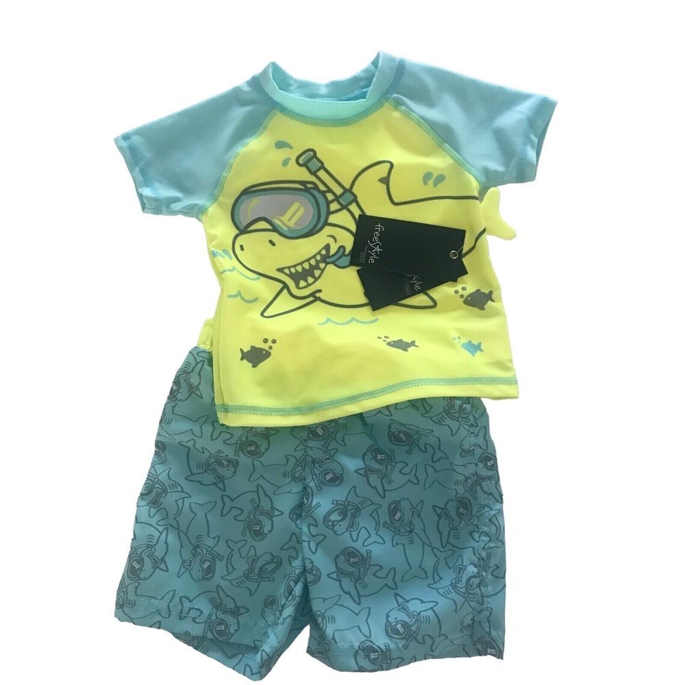 Free Style Boys Revolution Tee & Short‎ Swimsuit Set Shark - MultiColor/Size 12M